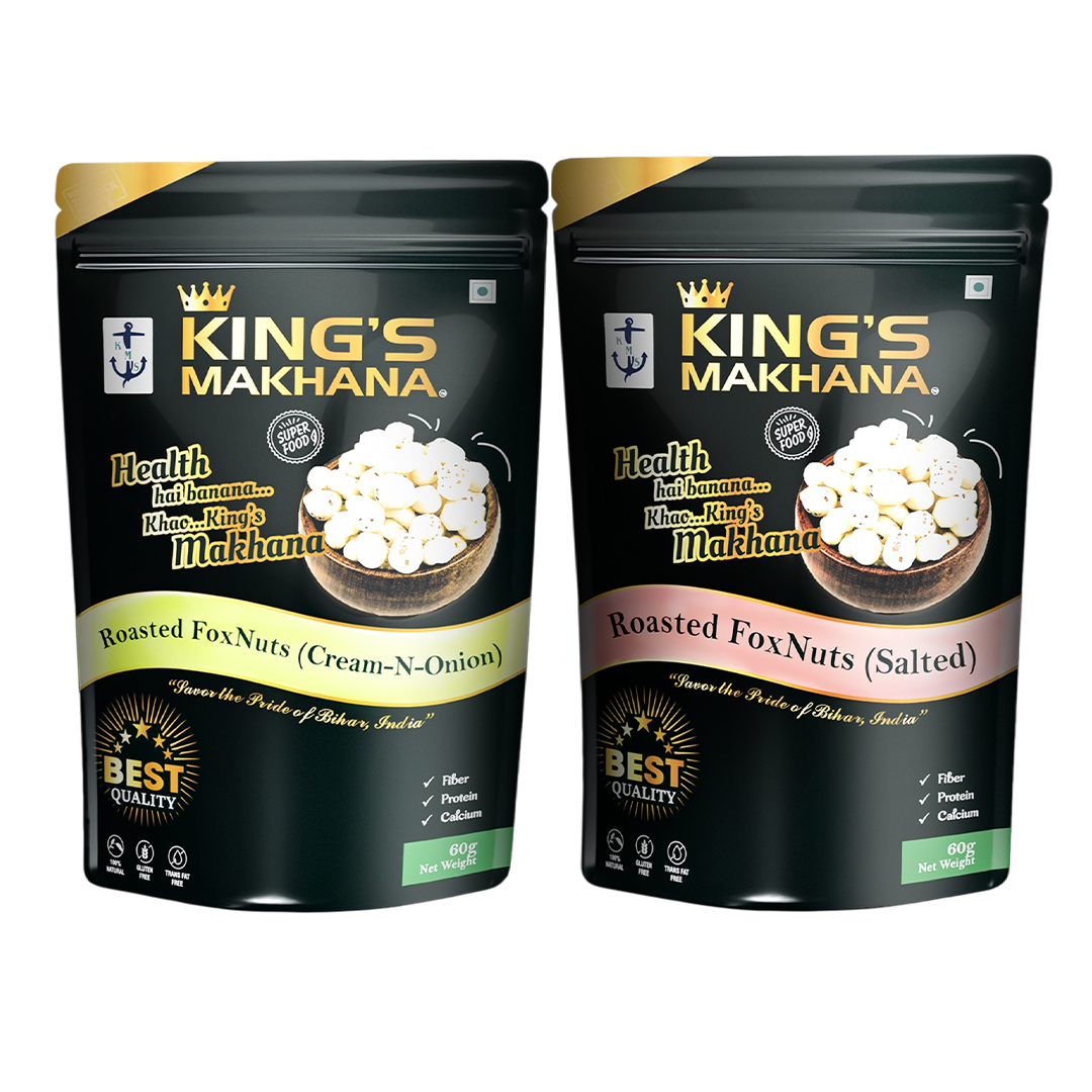 KING’S MAKHANA COMBO PACK OF 2 |Cream-N-Onion, Salted (60g Each)