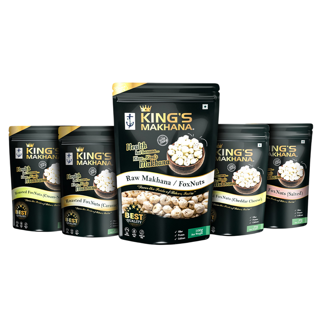 KING’S MAKHANA COMBO PACK OF 5  |Caramel, Cheddar cheese, Cream &amp; Onion, salted (60 gm each ); Raw (100g )