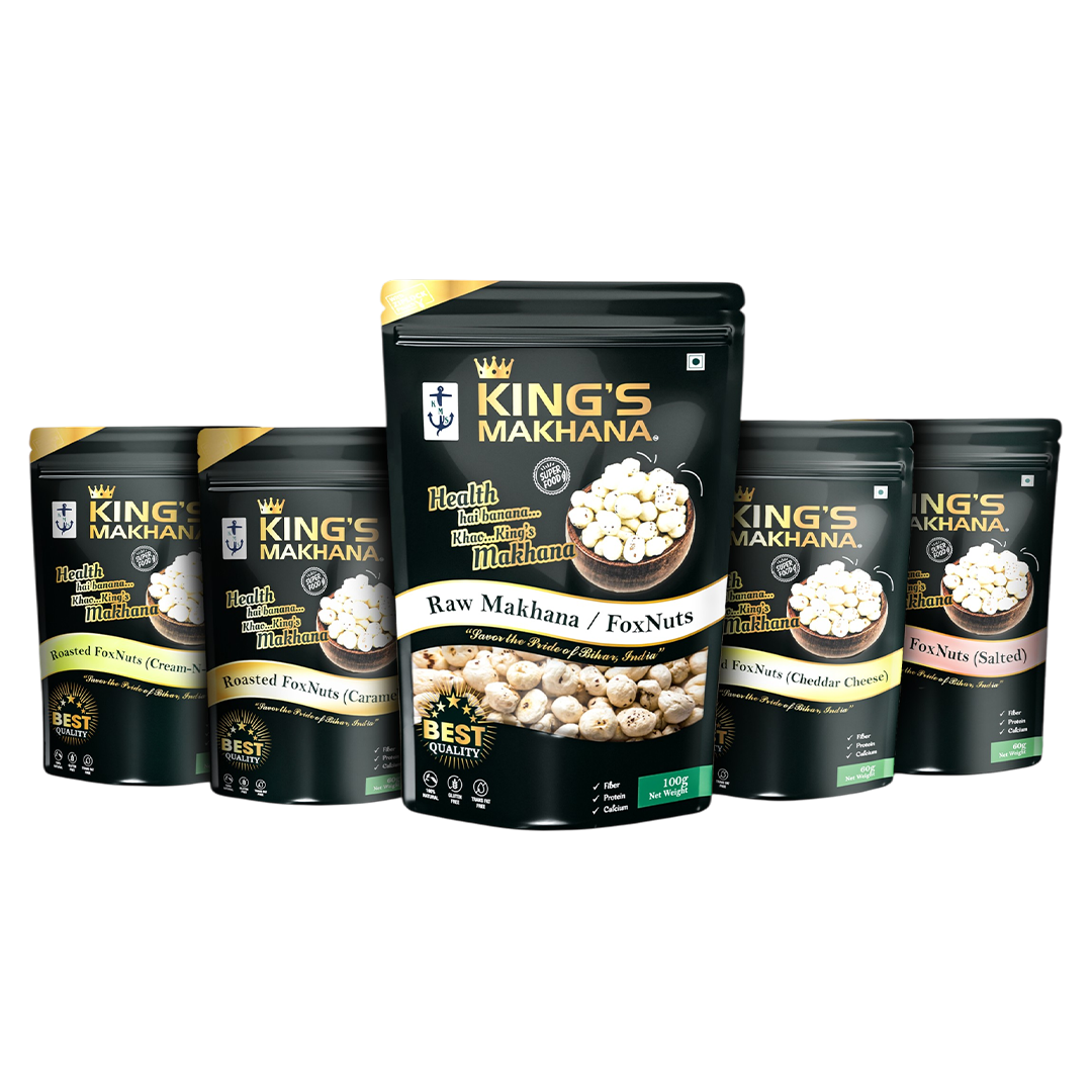 KING’S MAKHANA COMBO PACK OF 5  |Caramel, Cheddar cheese, Cream &amp; Onion, salted (60 gm each ); Raw (100g )