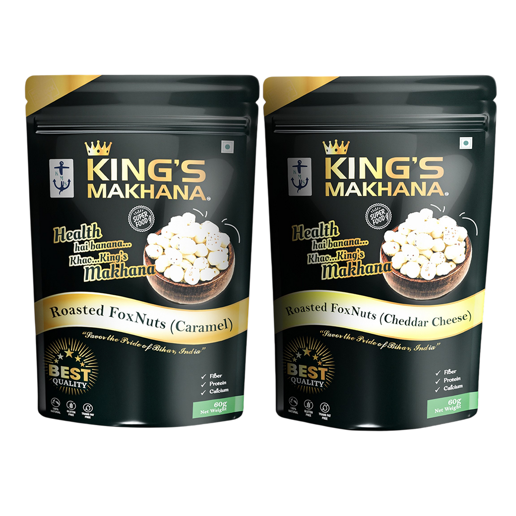 KING’S MAKHANA COMBO PACK OF 2 |Caramel, Cheddar Cheese(60g Each)