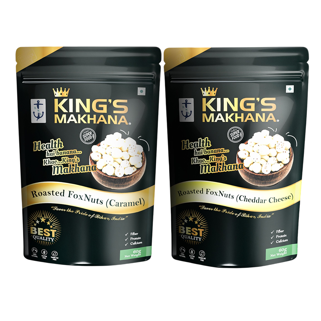 KING’S MAKHANA COMBO PACK OF 2 |Caramel, Cheddar Cheese(60g Each)