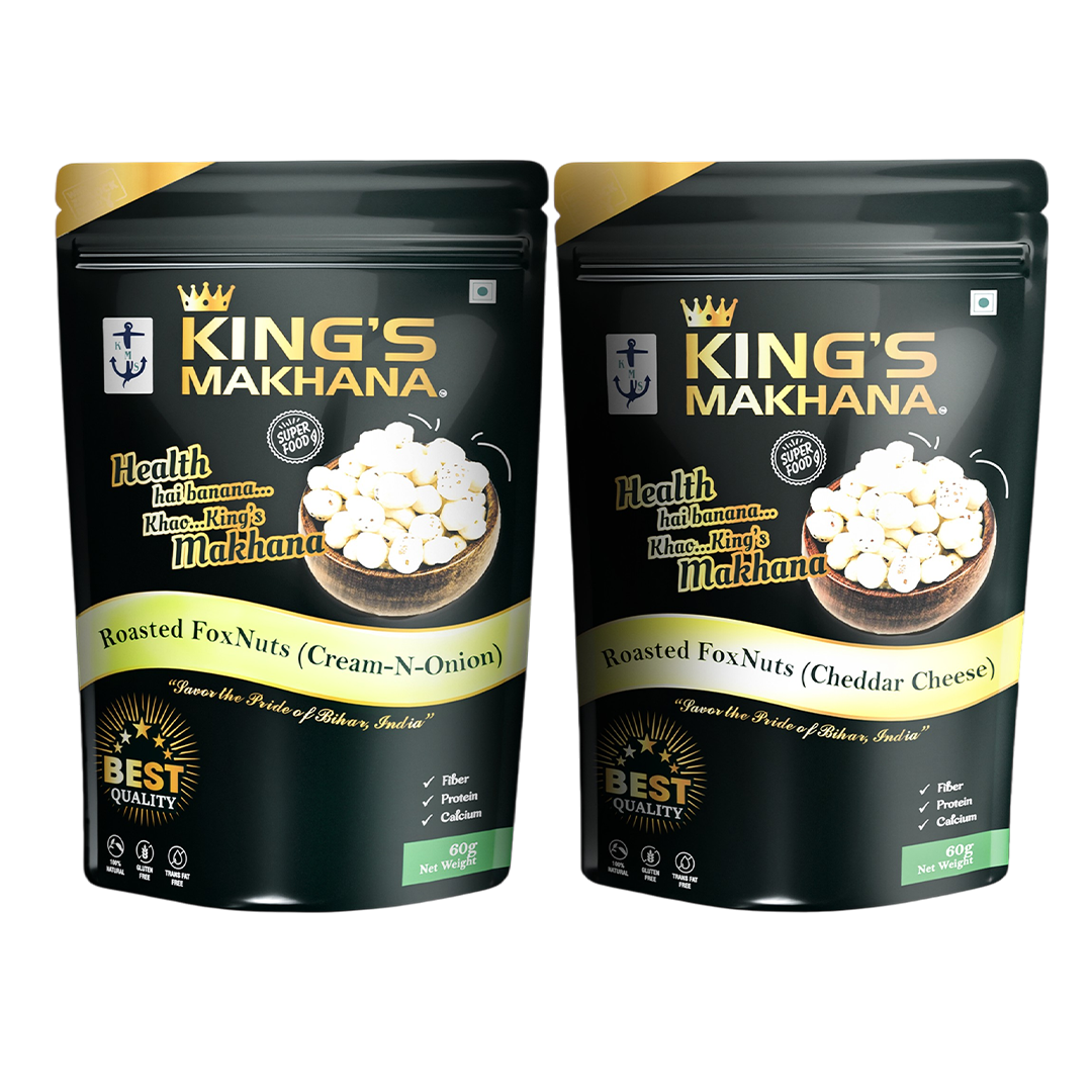KING’S MAKHANA COMBO PACK OF 2 |Cream-N-Onion,Cheddar Cheese(60g Each)