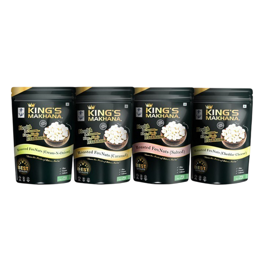 KING’S MAKHANA COMBO PACK OF 4  | Caramel, Cheddar cheese, Cream & Onion, salted (60g Each)