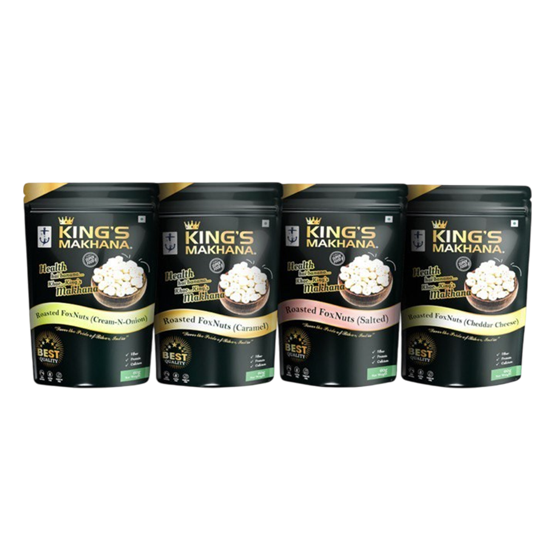 KING’S MAKHANA COMBO PACK OF 4  | Caramel, Cheddar cheese, Cream & Onion, salted (60g Each)